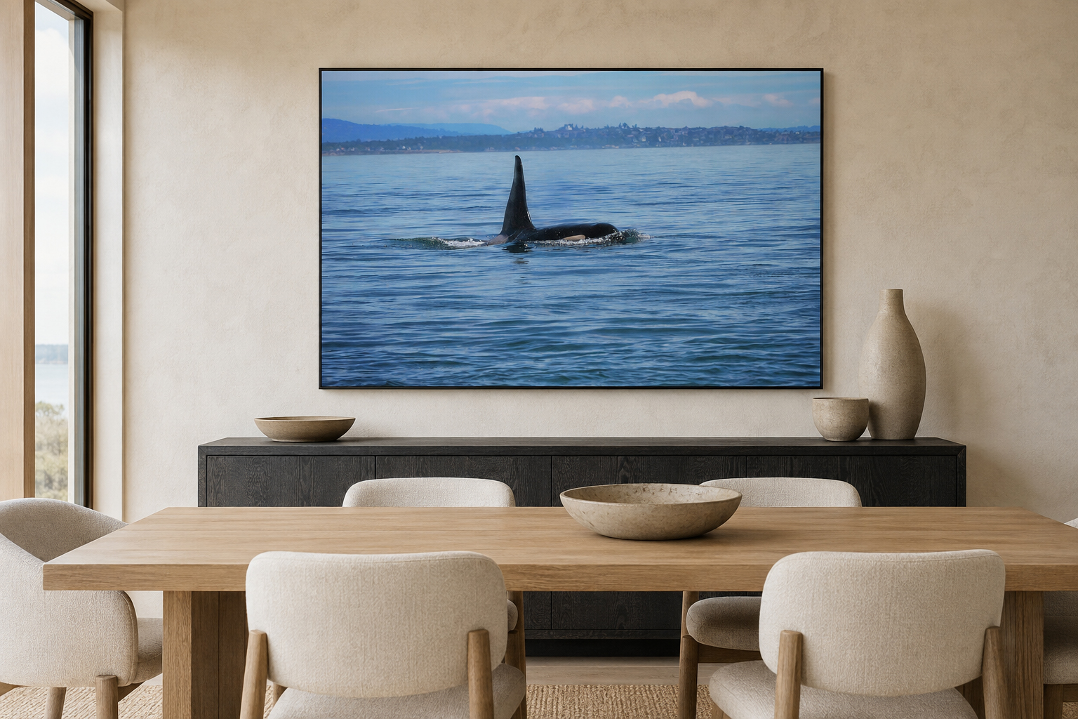 Large L Pod orca photograph displayed in a refined modern coastal dining room with pale wood furniture